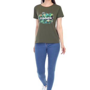 Women's Forest Theme Summer Printed Round Neck Half Sleeve Cotton Blend Regular Fit T-Shirt