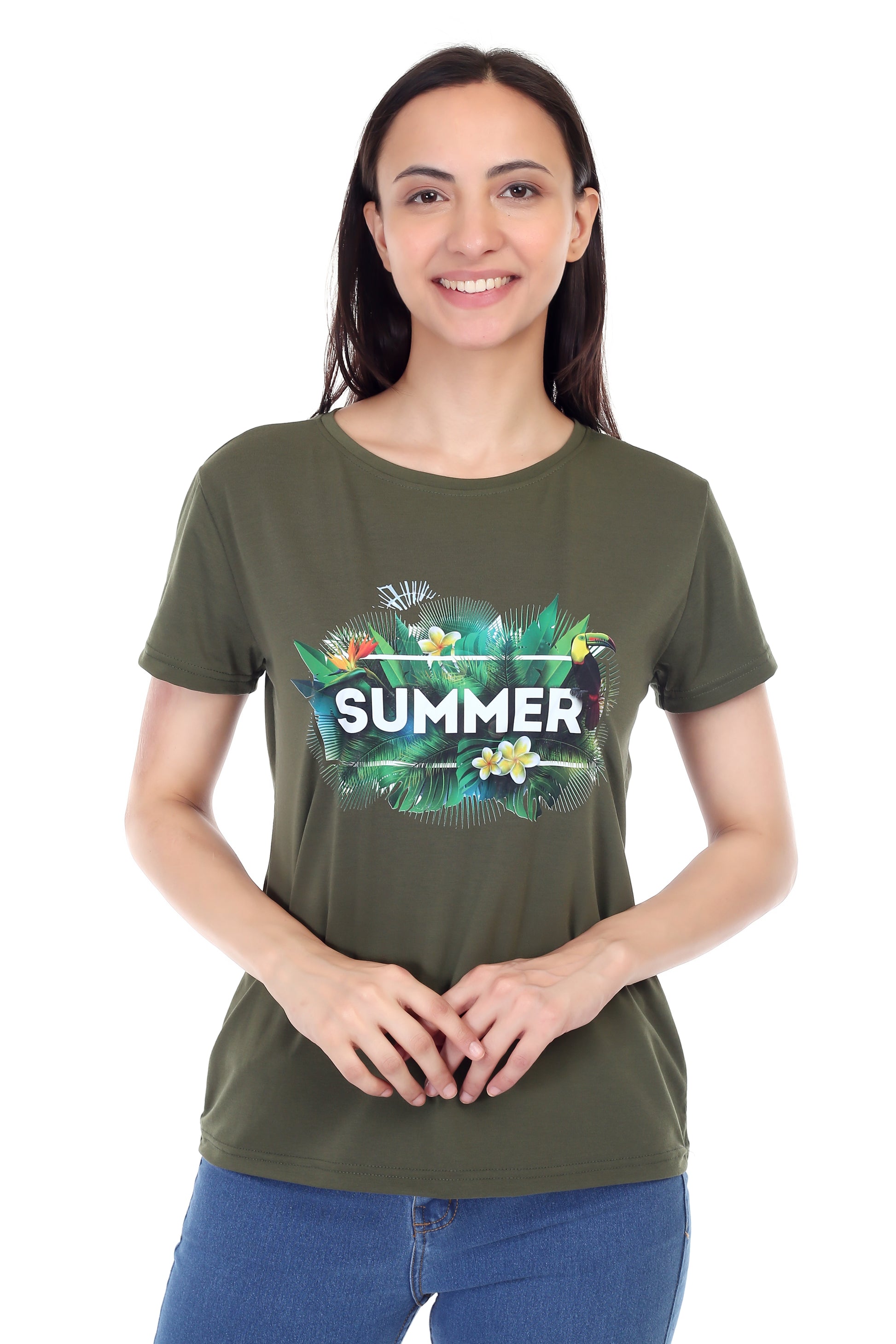 Women's Forest Theme Summer Printed Round Neck Half Sleeve Cotton Blend Regular Fit T-Shirt