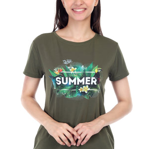 Women's Forest Theme Summer Printed Round Neck Half Sleeve Cotton Blend Regular Fit T-Shirt