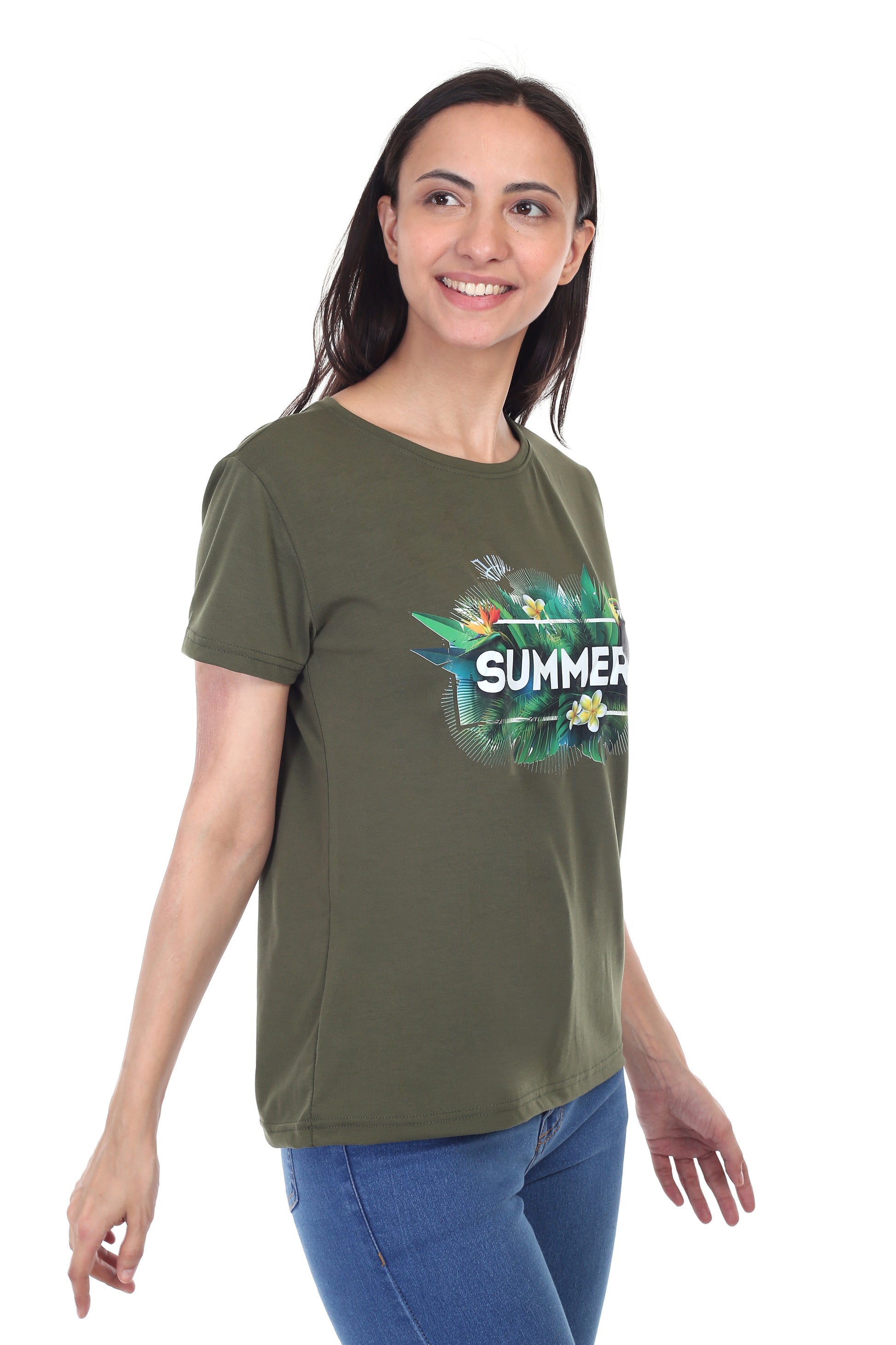 Women's Forest Theme Summer Printed Round Neck Half Sleeve Cotton Blend Regular Fit T-Shirt