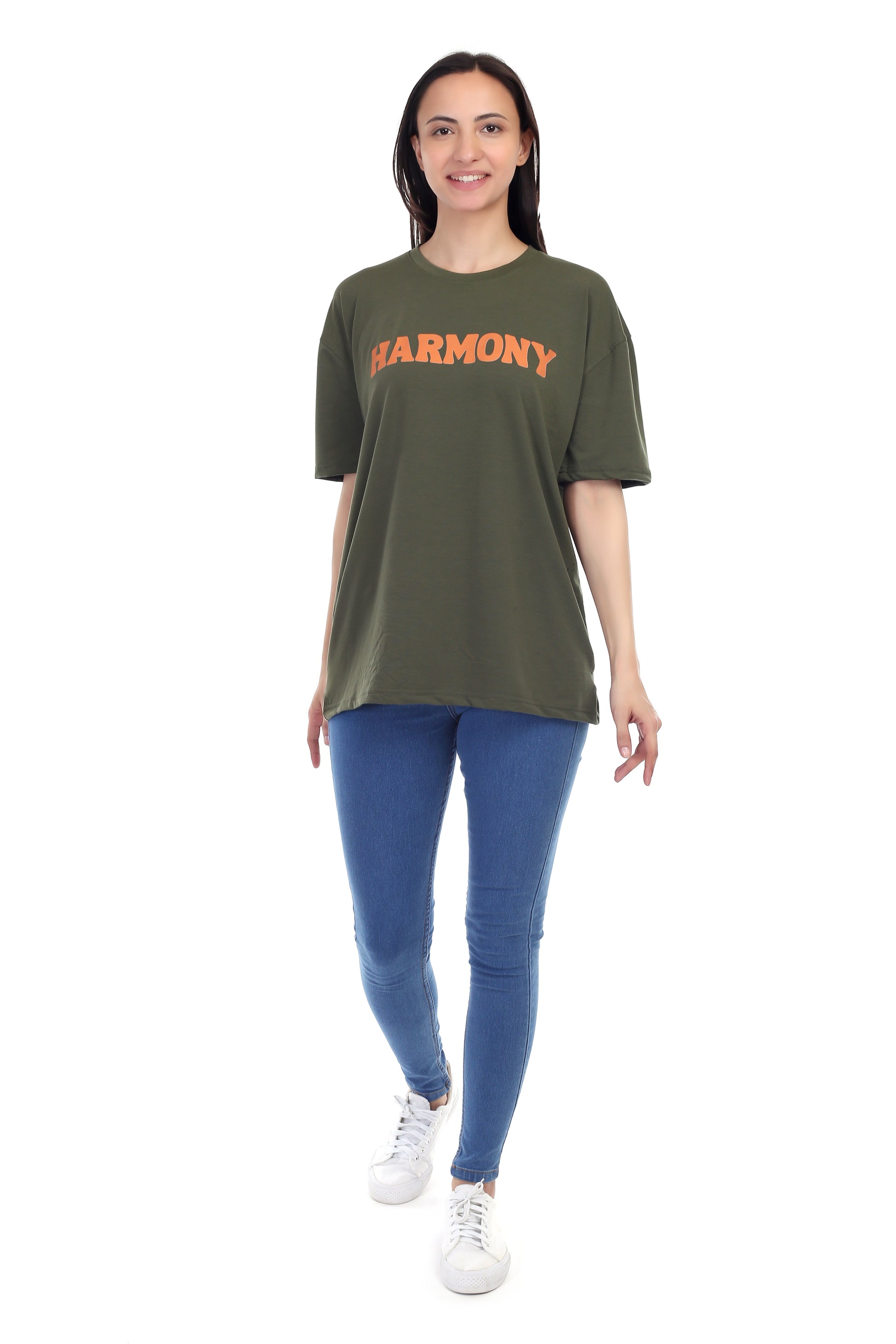 Women's HARMONY Printed Round Neck Half Sleeve Cotton Blend Over-sized T-Shirt