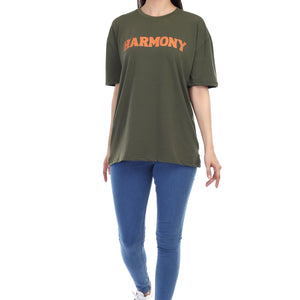 Women's HARMONY Printed Round Neck Half Sleeve Cotton Blend Over-sized T-Shirt