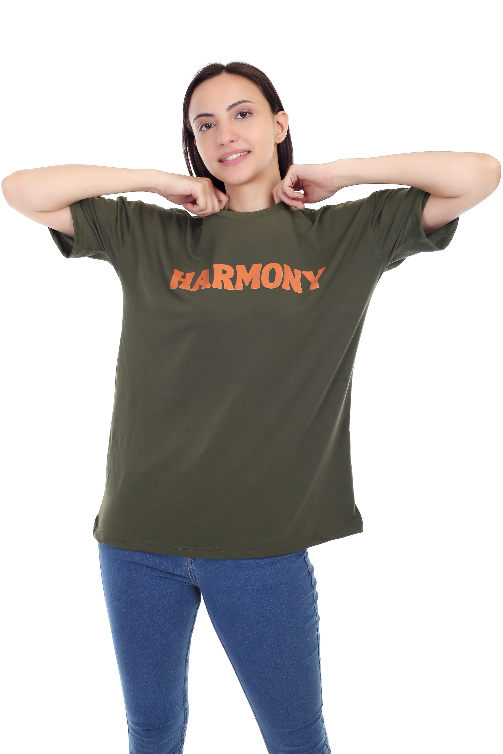 Women's HARMONY Printed Round Neck Half Sleeve Cotton Blend Over-sized T-Shirt