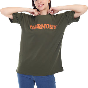 Women's HARMONY Printed Round Neck Half Sleeve Cotton Blend Over-sized T-Shirt