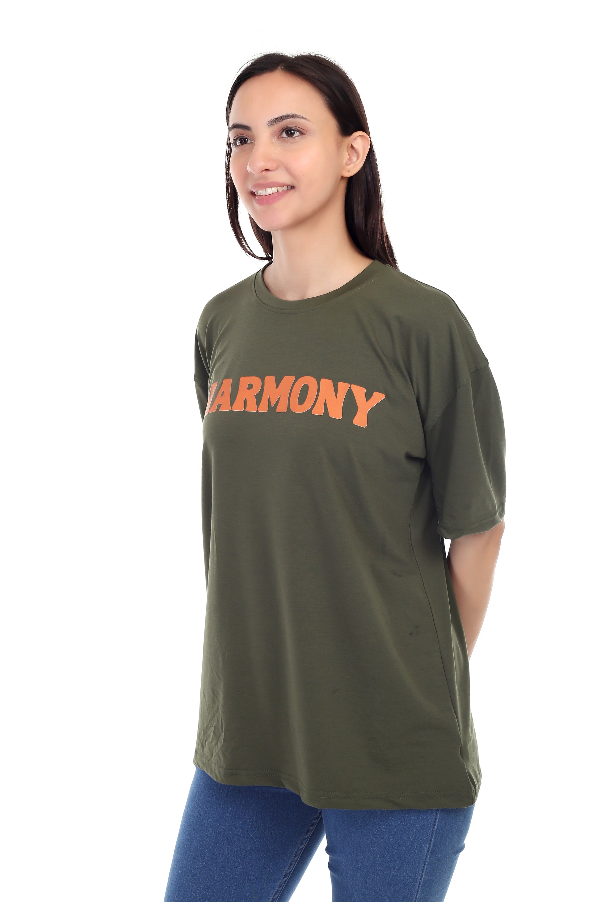 Women's HARMONY Printed Round Neck Half Sleeve Cotton Blend Over-sized T-Shirt