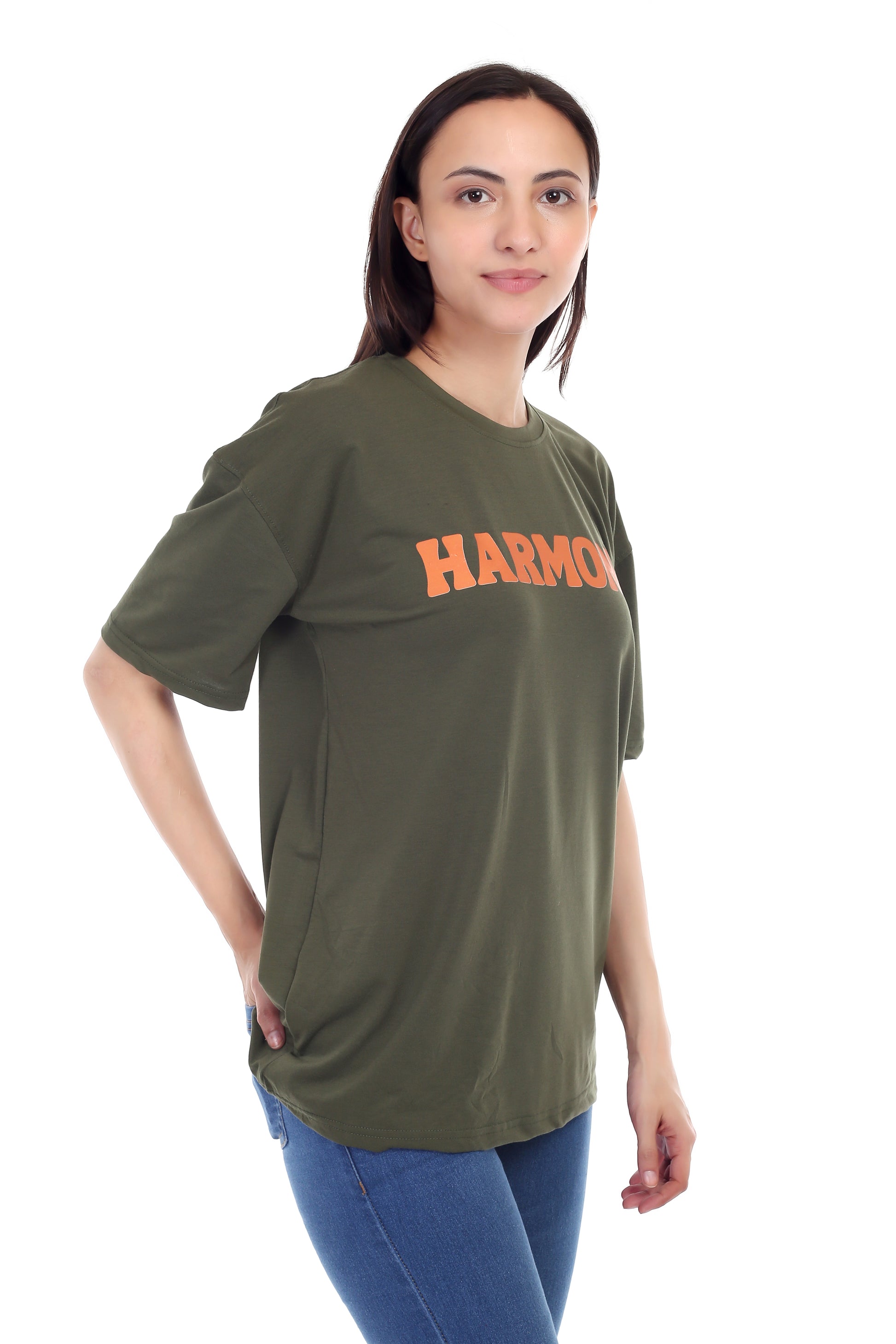 Women's HARMONY Printed Round Neck Half Sleeve Cotton Blend Over-sized T-Shirt