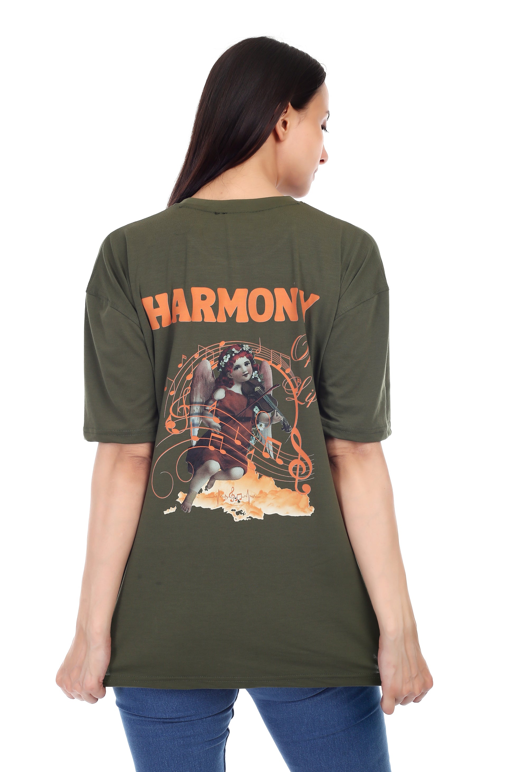 Women's HARMONY Printed Round Neck Half Sleeve Cotton Blend Over-sized T-Shirt