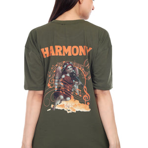 Women's HARMONY Printed Round Neck Half Sleeve Cotton Blend Over-sized T-Shirt