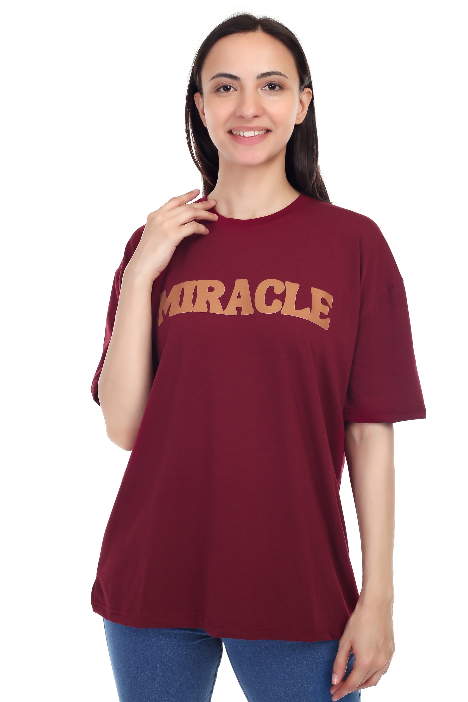 Women's Miracle Printed Round Neck Half Sleeve Cotton Blend Over-sized T-Shirt