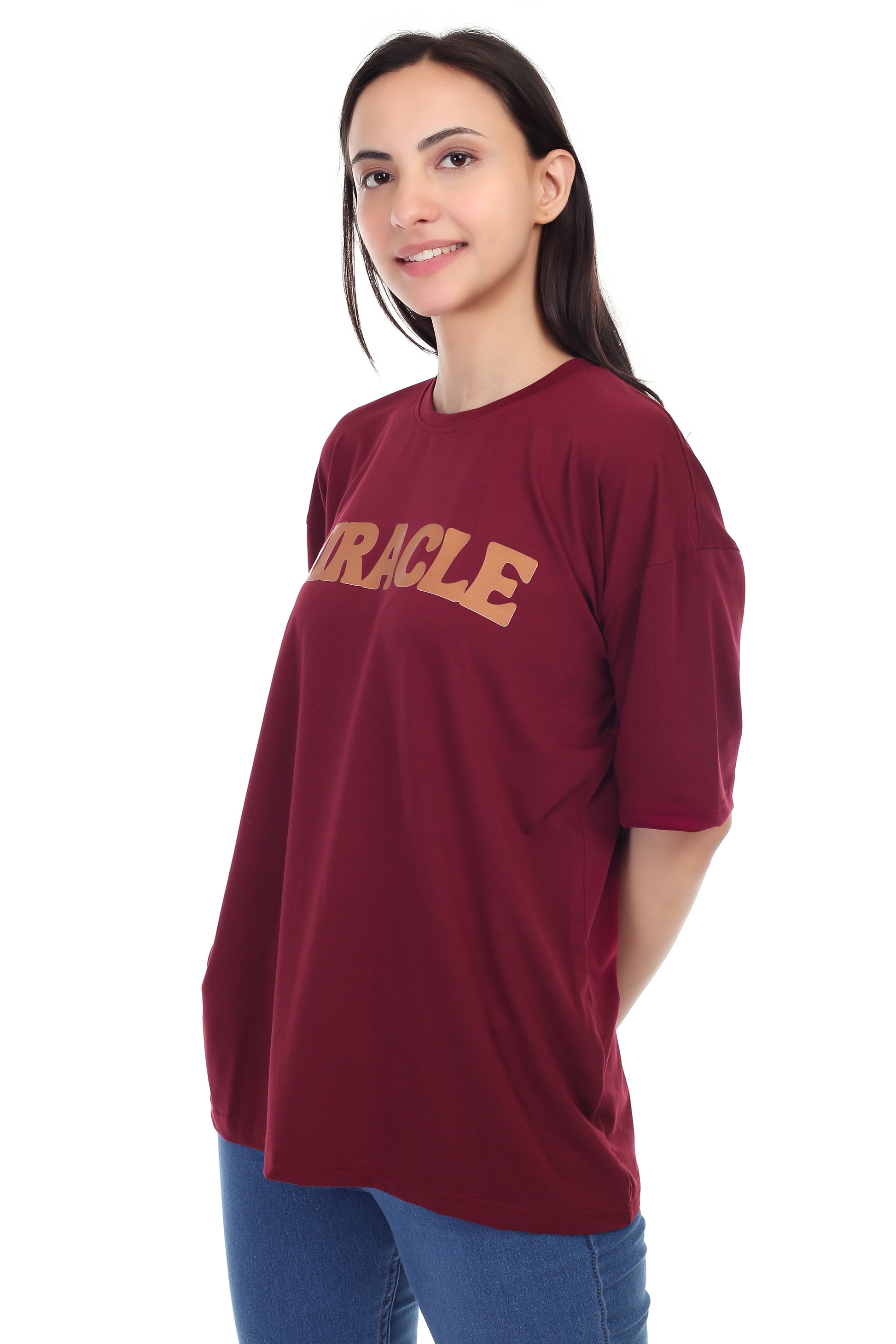 Women's Miracle Printed Round Neck Half Sleeve Cotton Blend Over-sized T-Shirt