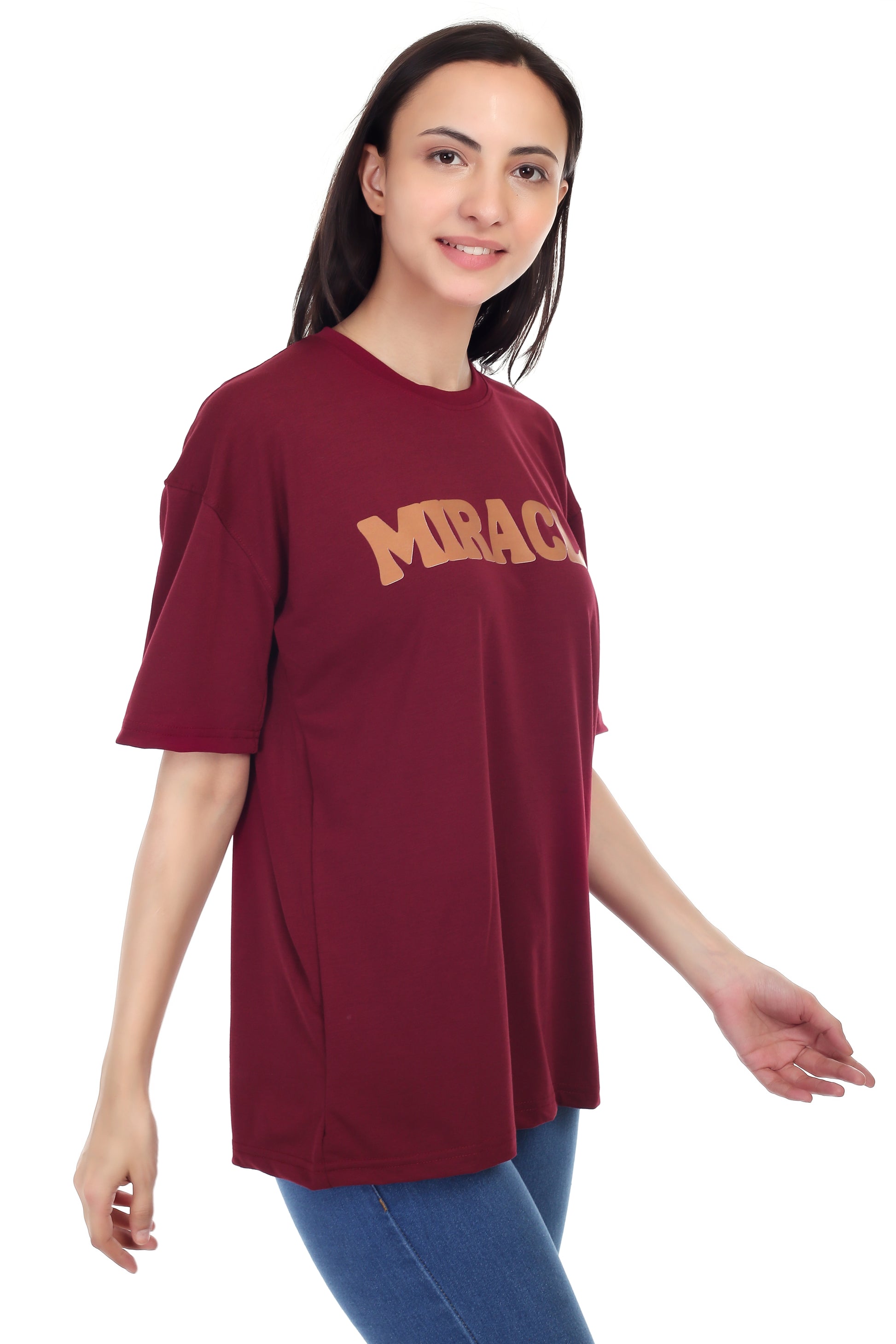 Women's Miracle Printed Round Neck Half Sleeve Cotton Blend Over-sized T-Shirt