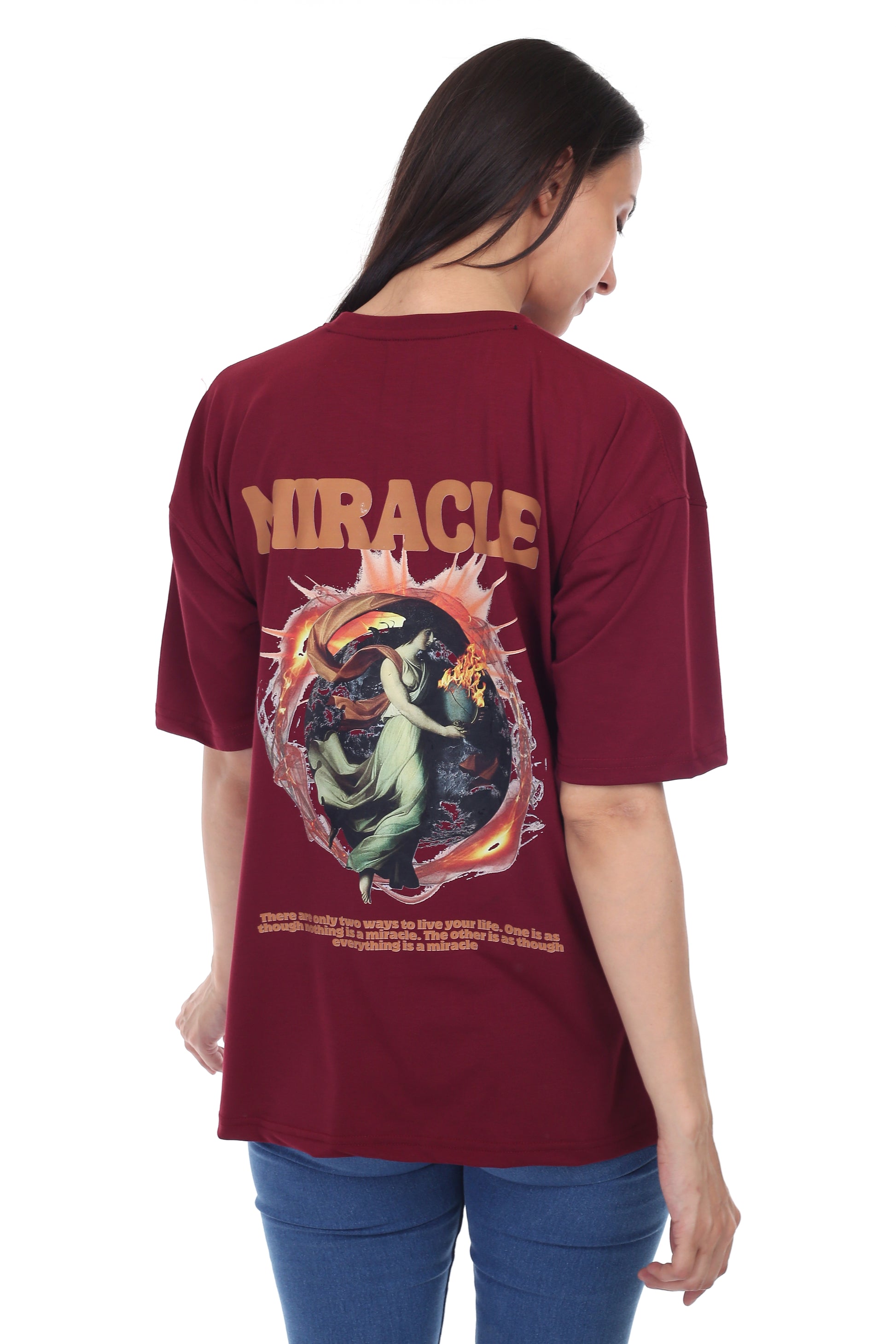 Women's Miracle Printed Round Neck Half Sleeve Cotton Blend Over-sized T-Shirt