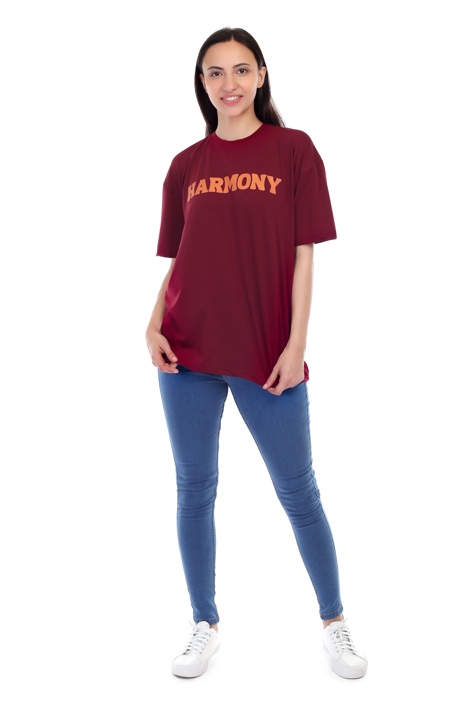 Women's HARMONY Printed Round Neck Half Sleeve Cotton Blend Over-sized T-Shirt