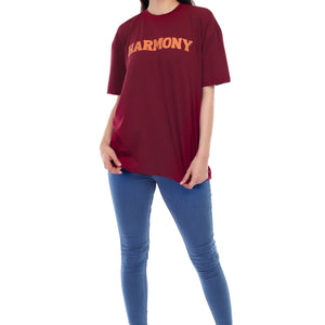 Women's HARMONY Printed Round Neck Half Sleeve Cotton Blend Over-sized T-Shirt