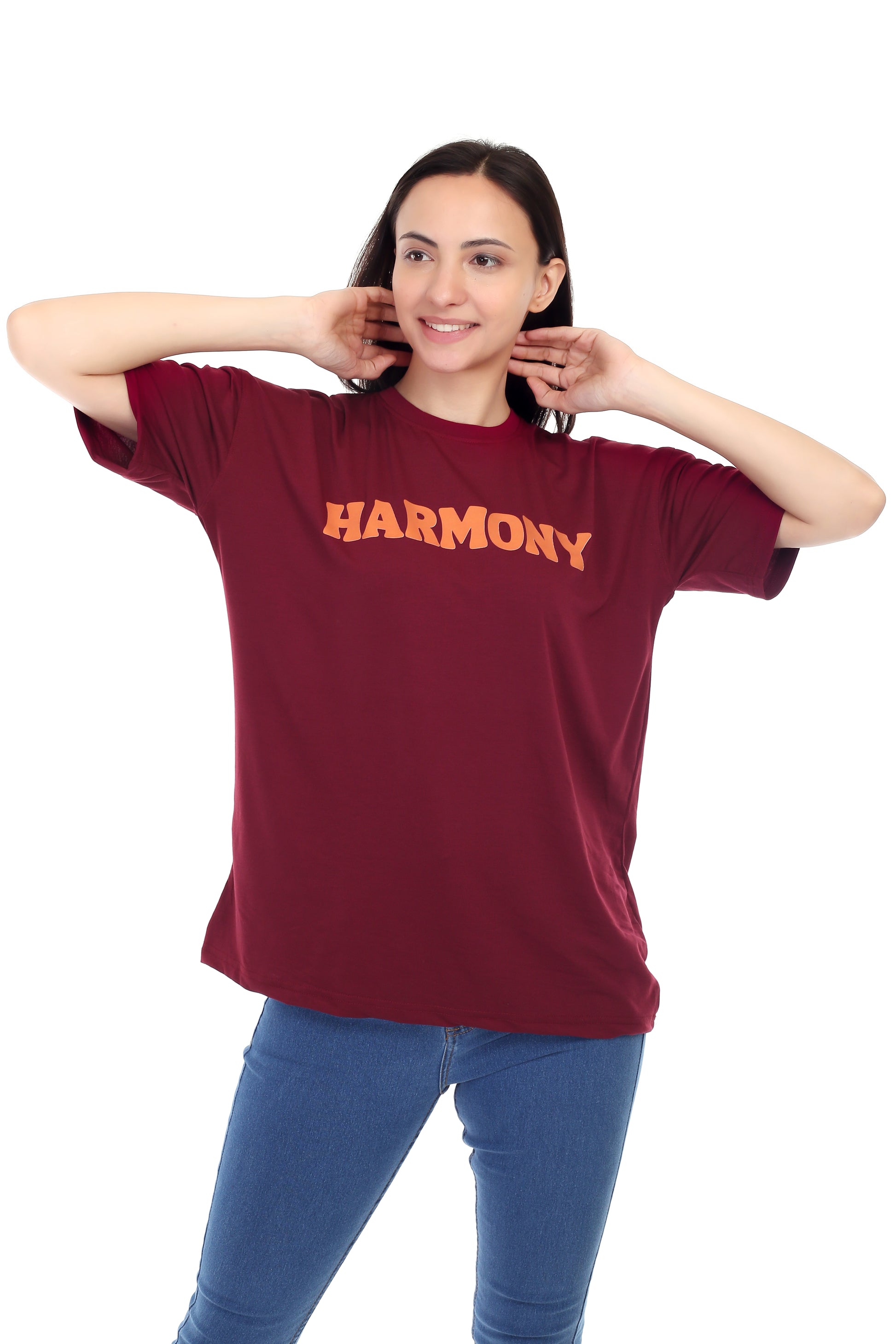 Women's HARMONY Printed Round Neck Half Sleeve Cotton Blend Over-sized T-Shirt