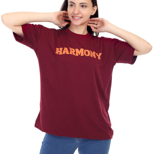 Women's HARMONY Printed Round Neck Half Sleeve Cotton Blend Over-sized T-Shirt