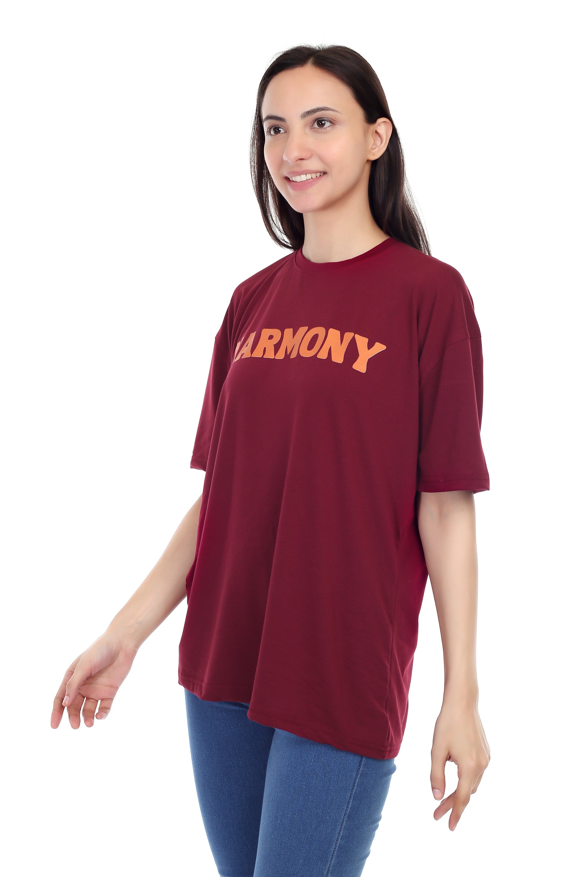 Women's HARMONY Printed Round Neck Half Sleeve Cotton Blend Over-sized T-Shirt