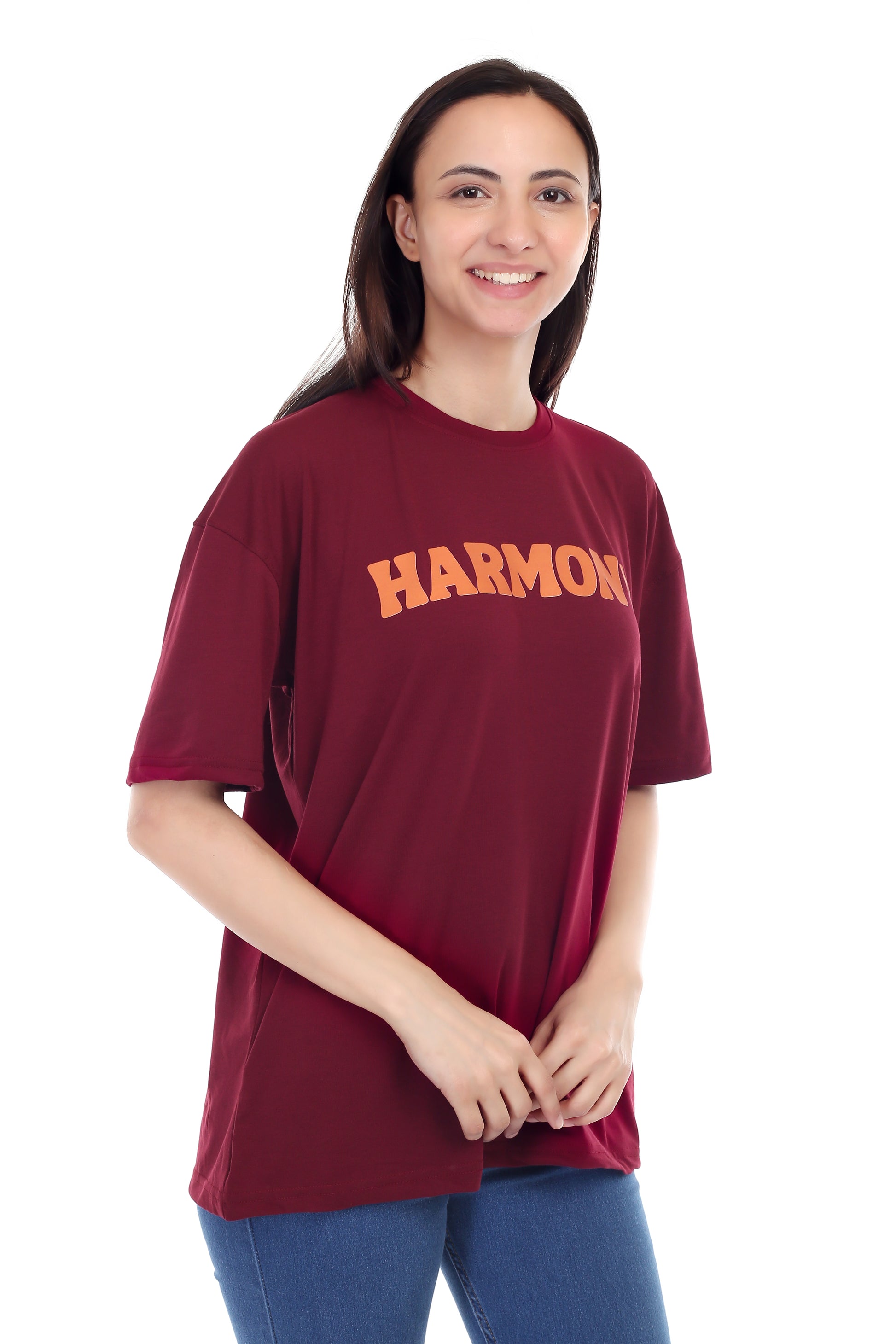 Women's HARMONY Printed Round Neck Half Sleeve Cotton Blend Over-sized T-Shirt