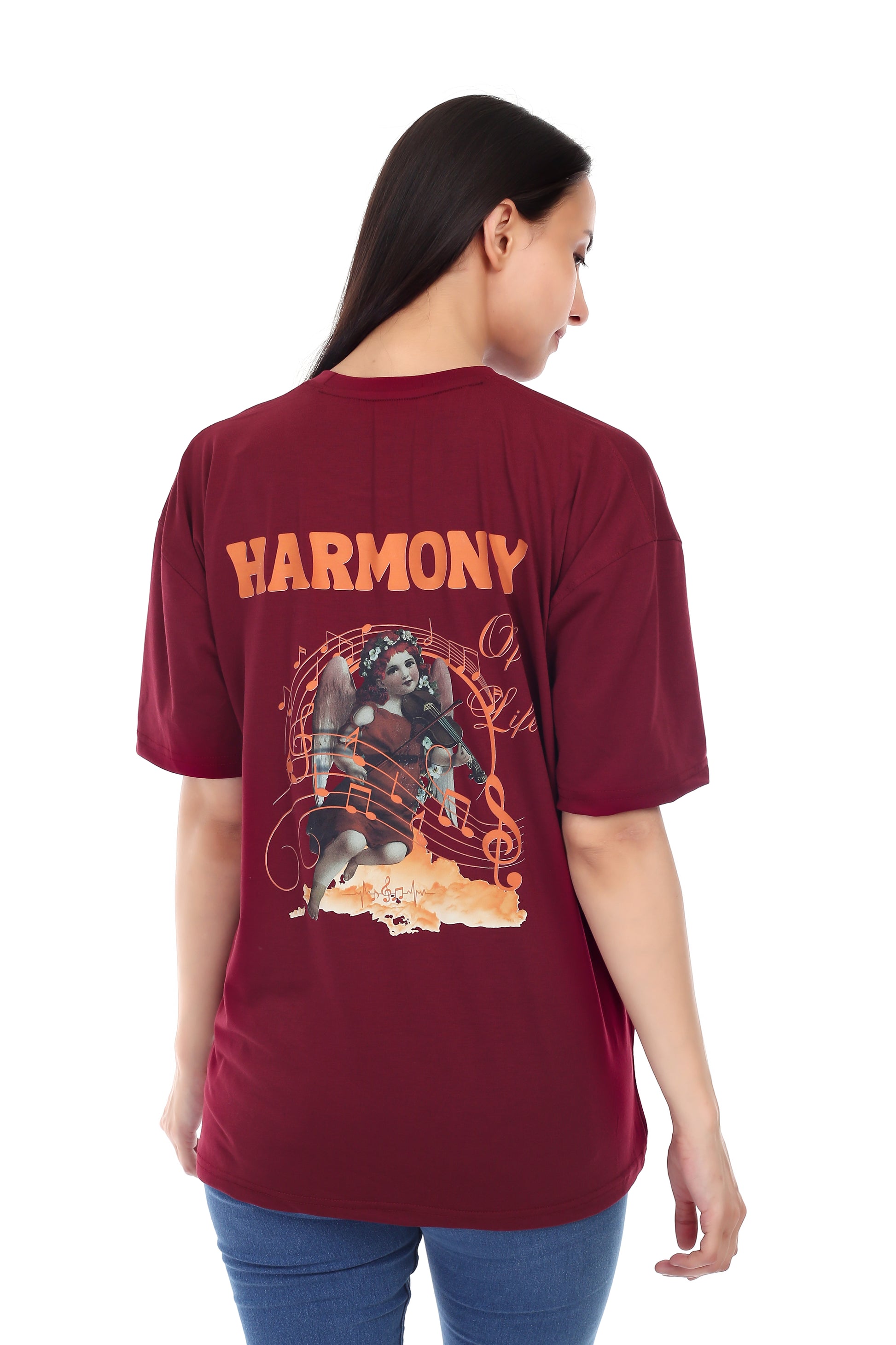 Women's HARMONY Printed Round Neck Half Sleeve Cotton Blend Over-sized T-Shirt