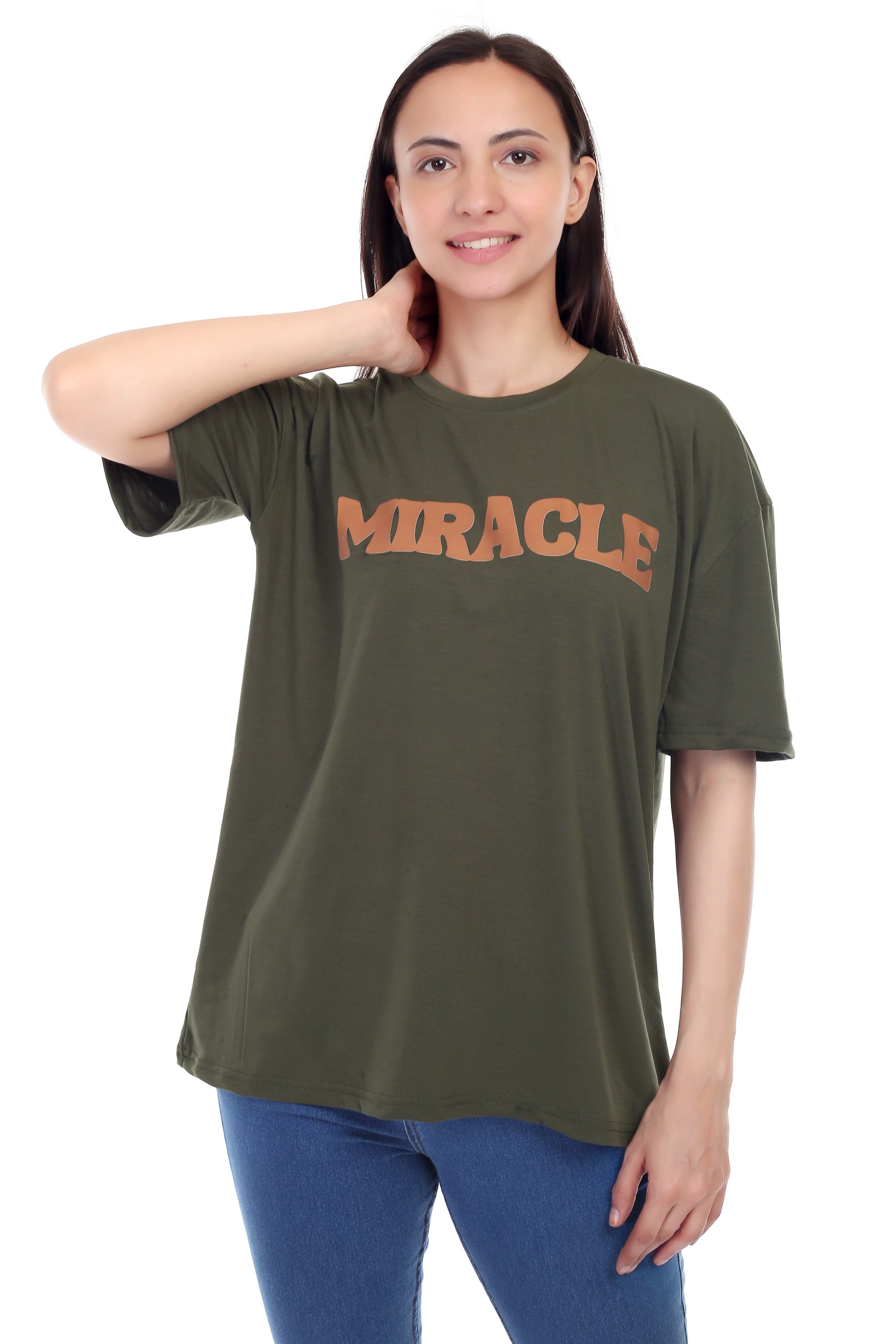 Women's Miracle Printed Round Neck Half Sleeve Cotton Blend Over-sized T-Shirt