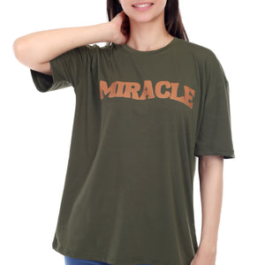 Women's Miracle Printed Round Neck Half Sleeve Cotton Blend Over-sized T-Shirt