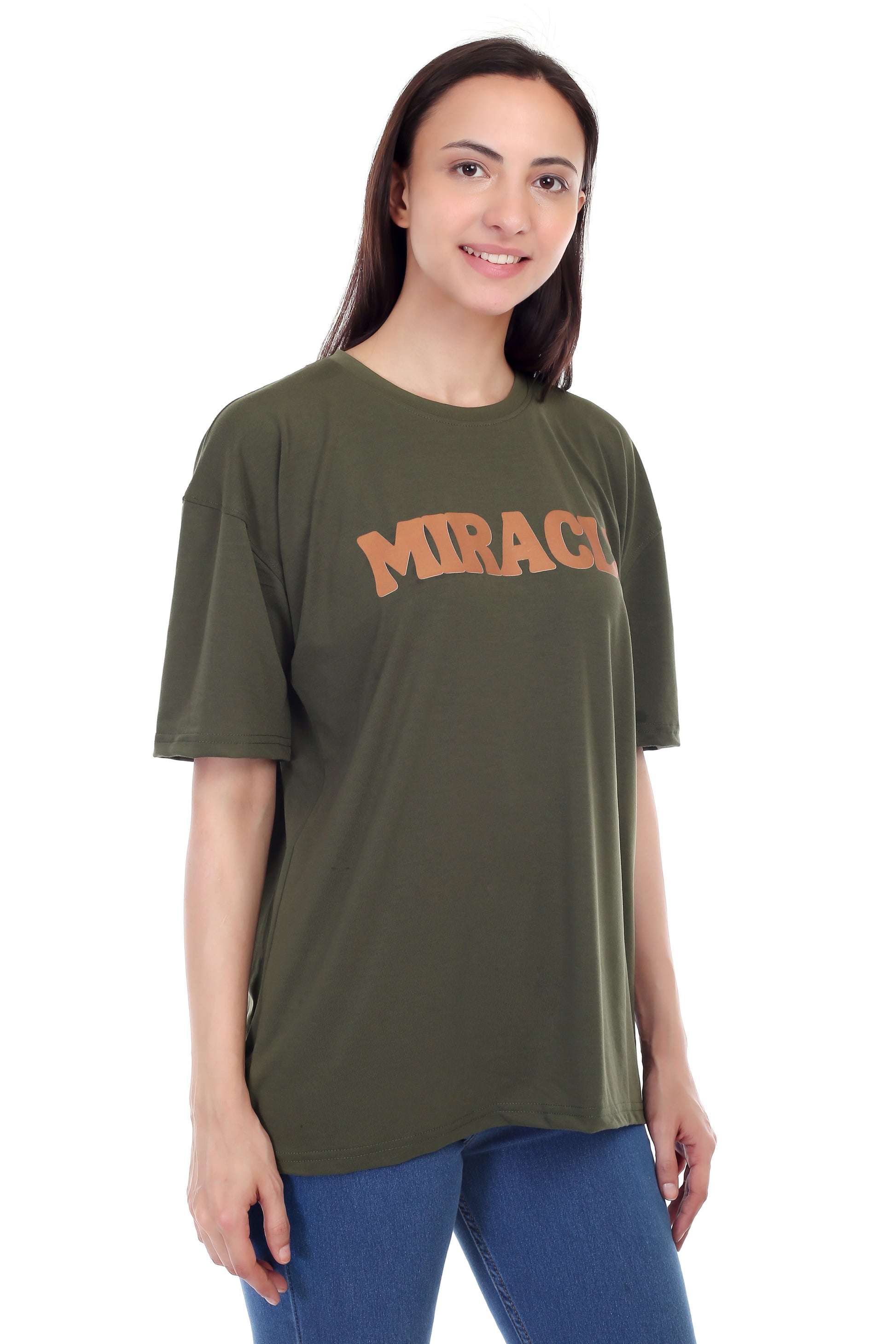 Women's Miracle Printed Round Neck Half Sleeve Cotton Blend Over-sized T-Shirt