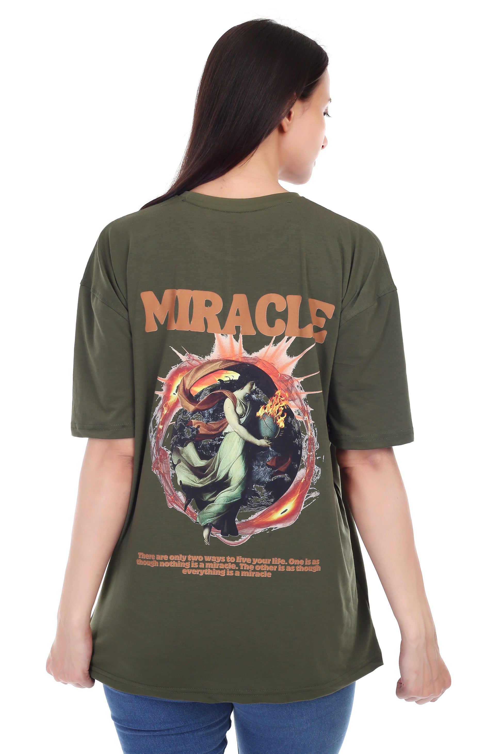 Women's Miracle Printed Round Neck Half Sleeve Cotton Blend Over-sized T-Shirt