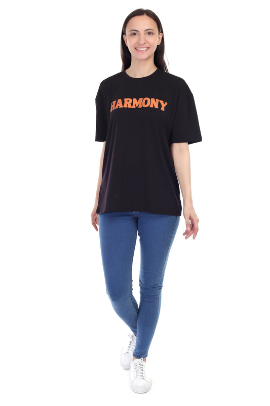 Women's HARMONY Printed Round Neck Half Sleeve Cotton Blend Over-sized T-Shirt