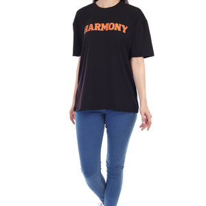 Women's HARMONY Printed Round Neck Half Sleeve Cotton Blend Over-sized T-Shirt