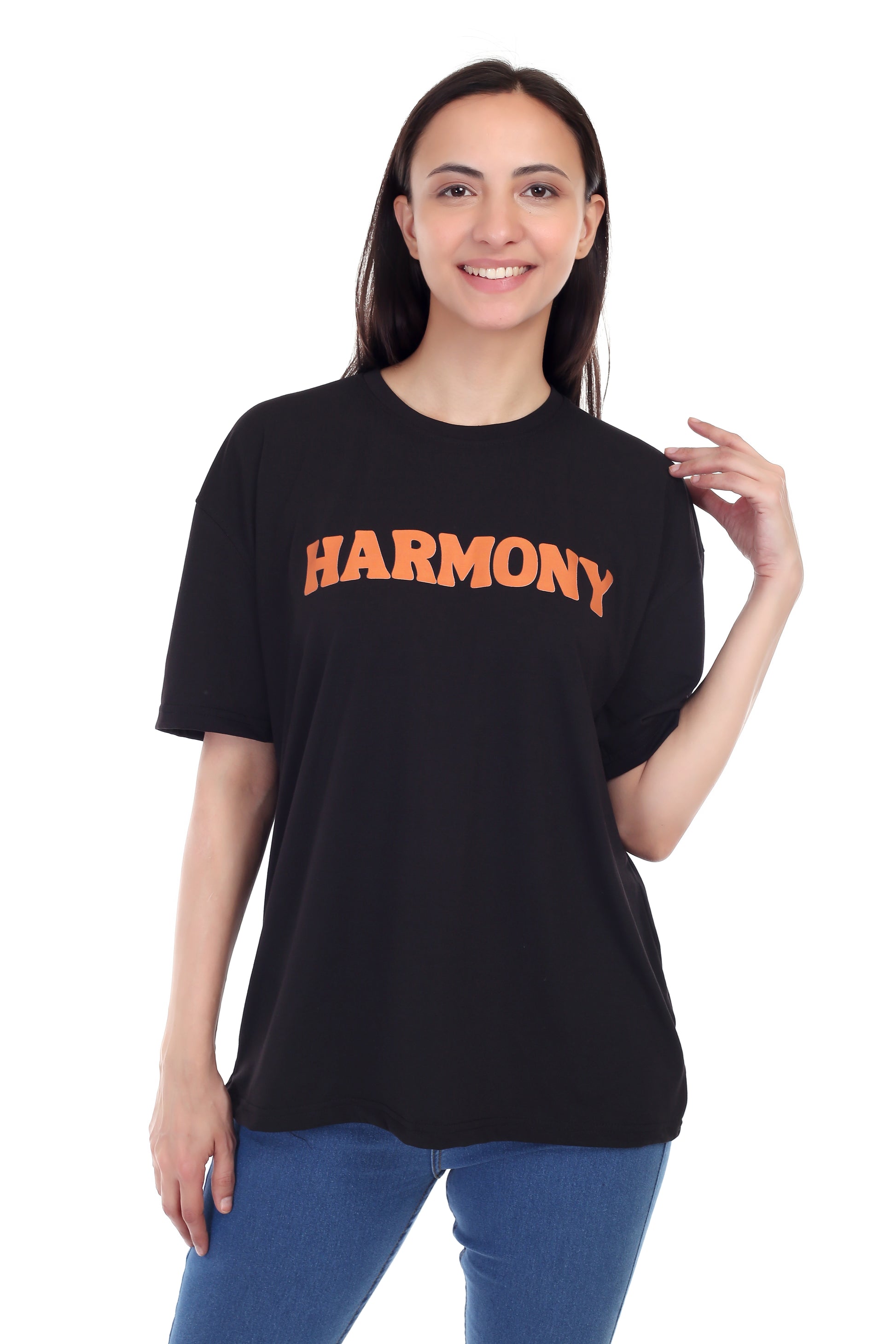 Women's HARMONY Printed Round Neck Half Sleeve Cotton Blend Over-sized T-Shirt