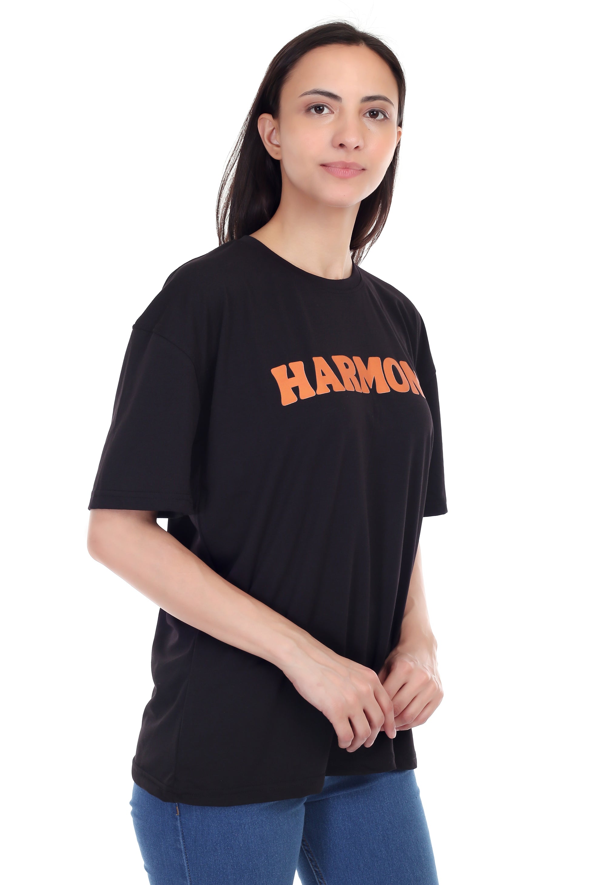 Women's HARMONY Printed Round Neck Half Sleeve Cotton Blend Over-sized T-Shirt