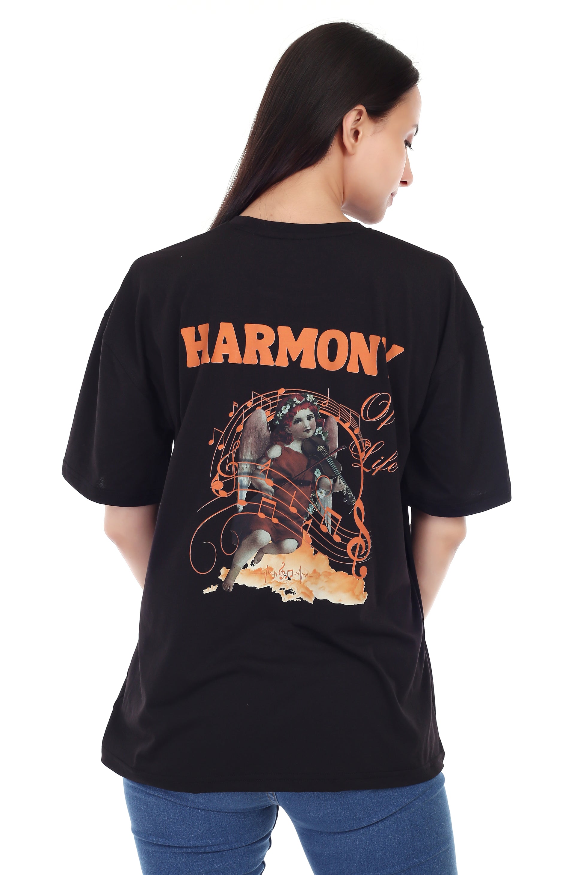 Women's HARMONY Printed Round Neck Half Sleeve Cotton Blend Over-sized T-Shirt