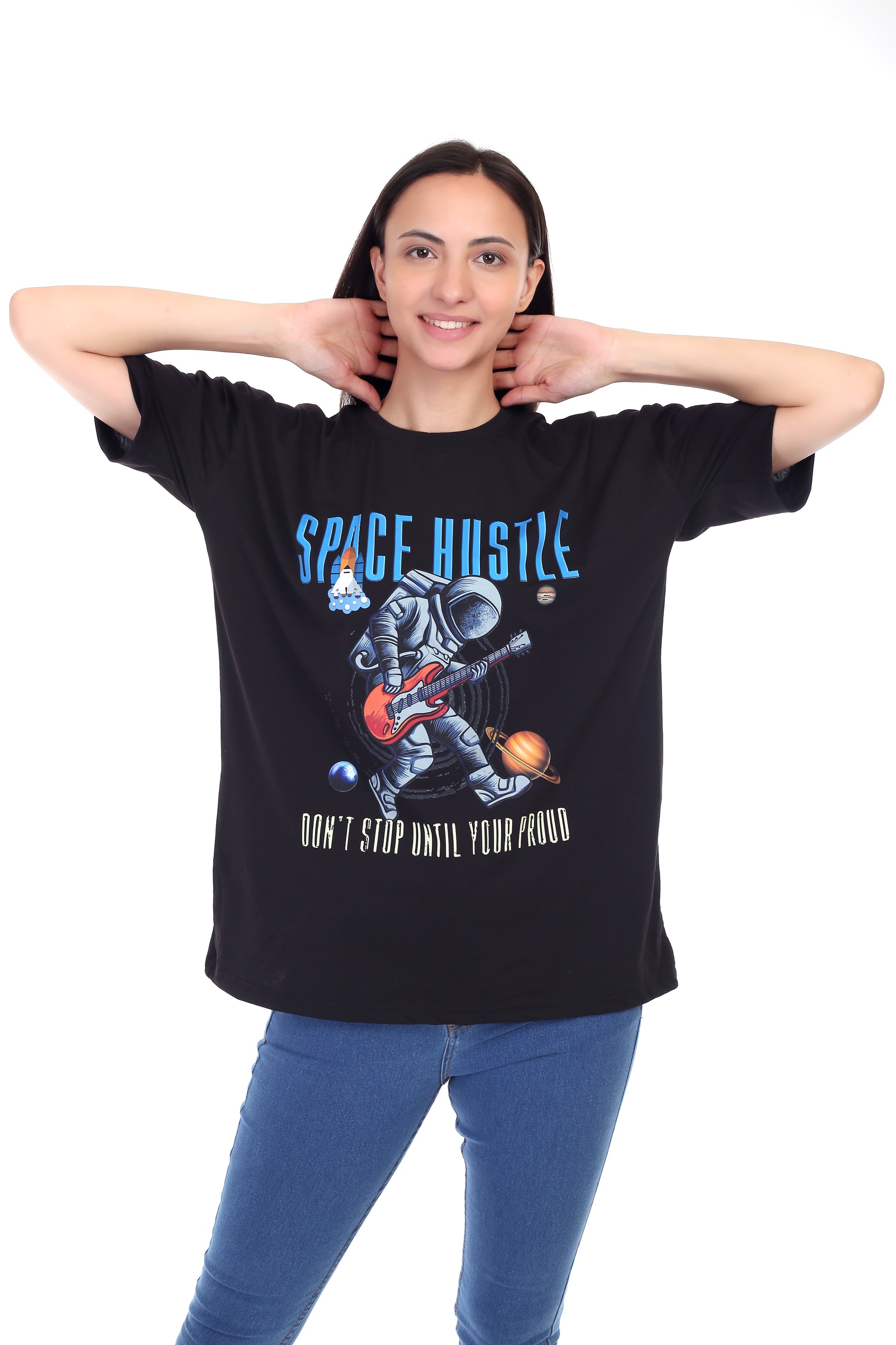 Women's Space Hustle Astronaut Printed Round Neck Half Sleeve Cotton Blend Over Sized T-Shirt