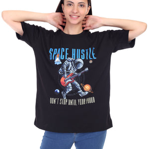 Women's Space Hustle Astronaut Printed Round Neck Half Sleeve Cotton Blend Over Sized T-Shirt