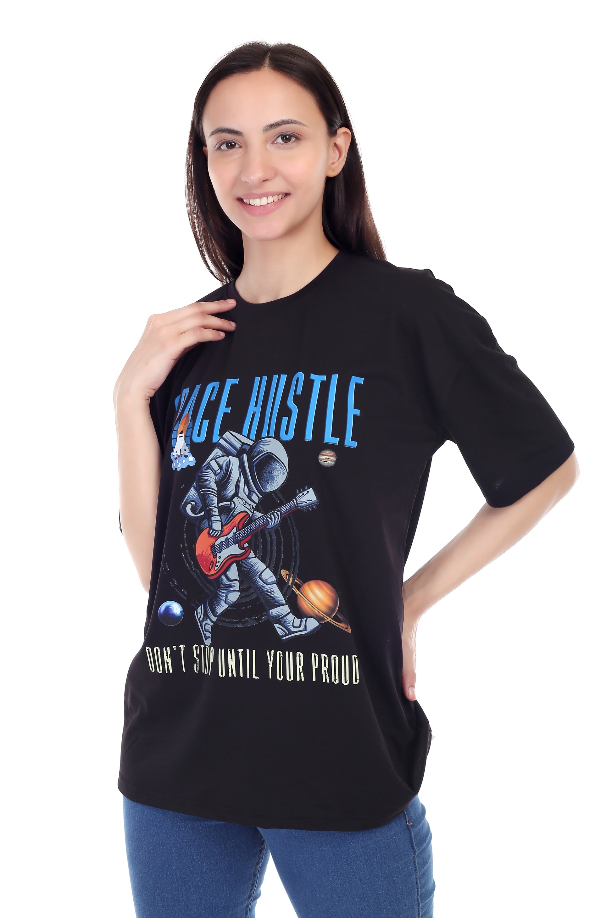 Women's Space Hustle Astronaut Printed Round Neck Half Sleeve Cotton Blend Over Sized T-Shirt