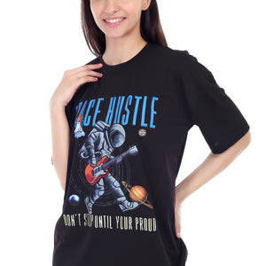 Women's Space Hustle Astronaut Printed Round Neck Half Sleeve Cotton Blend Over Sized T-Shirt