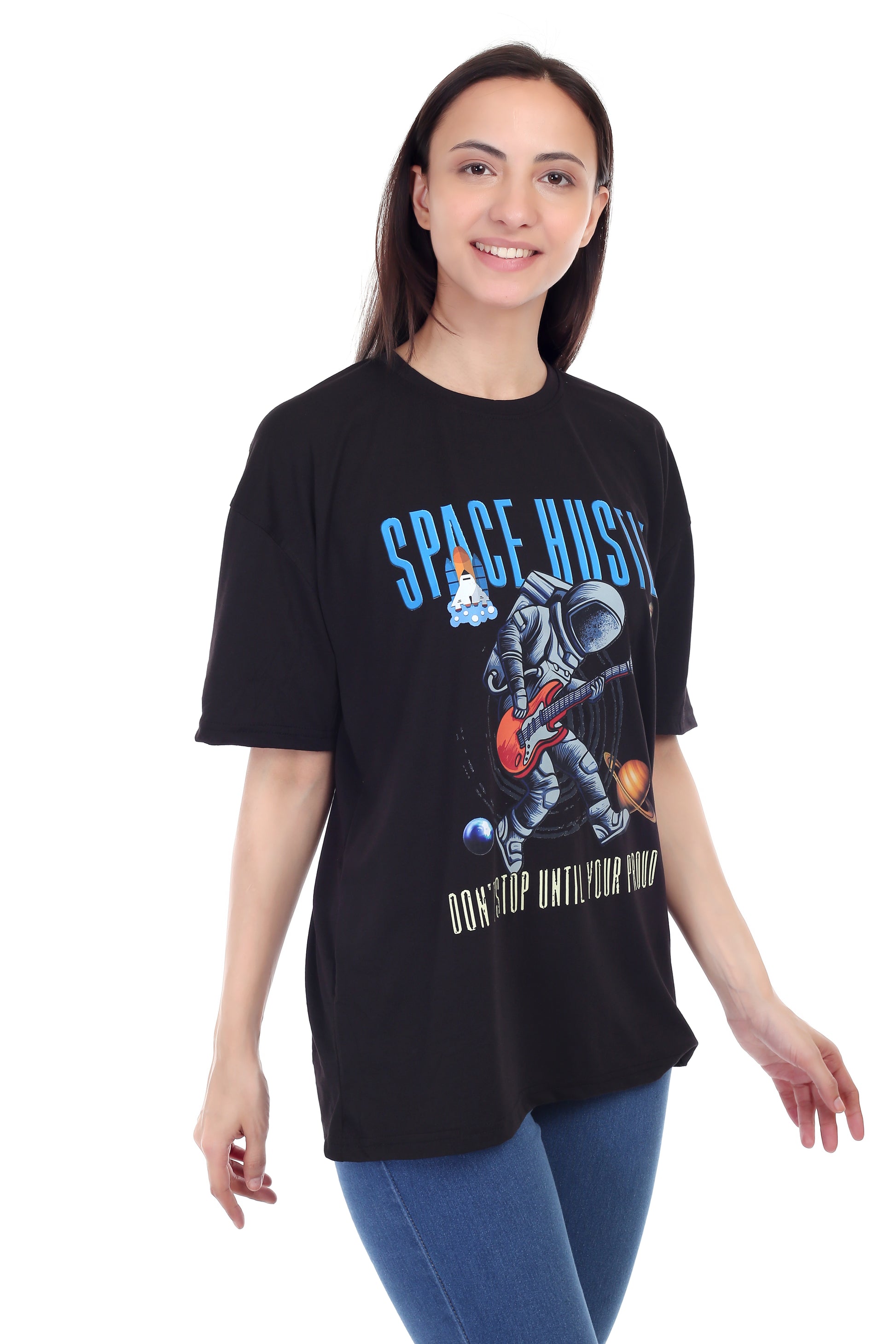 Women's Space Hustle Astronaut Printed Round Neck Half Sleeve Cotton Blend Over Sized T-Shirt