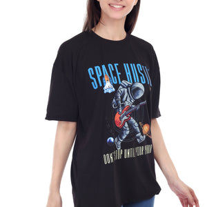 Women's Space Hustle Astronaut Printed Round Neck Half Sleeve Cotton Blend Over Sized T-Shirt