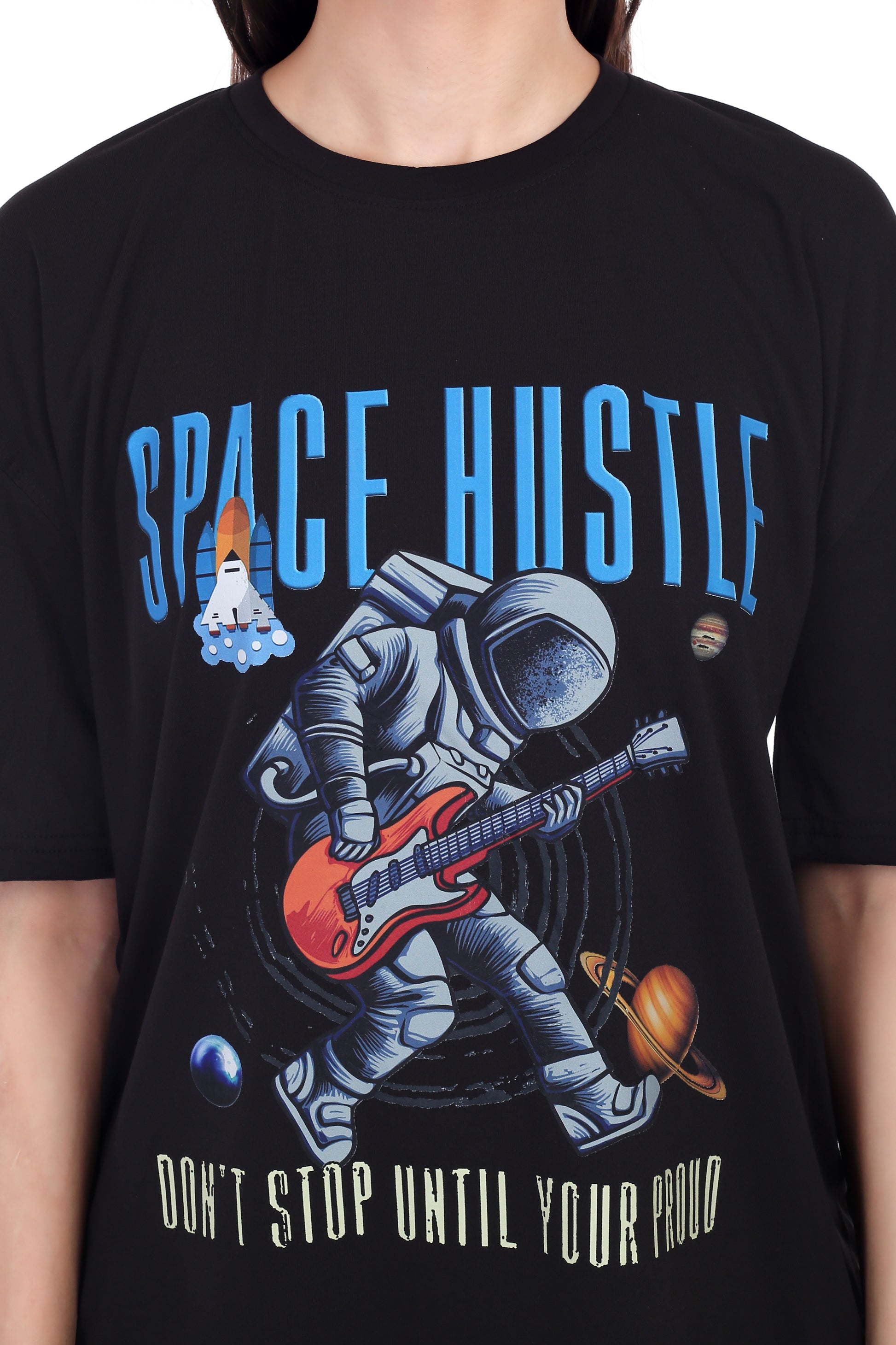 Women's Space Hustle Astronaut Printed Round Neck Half Sleeve Cotton Blend Over Sized T-Shirt