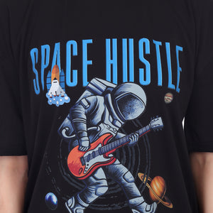 Women's Space Hustle Astronaut Printed Round Neck Half Sleeve Cotton Blend Over Sized T-Shirt