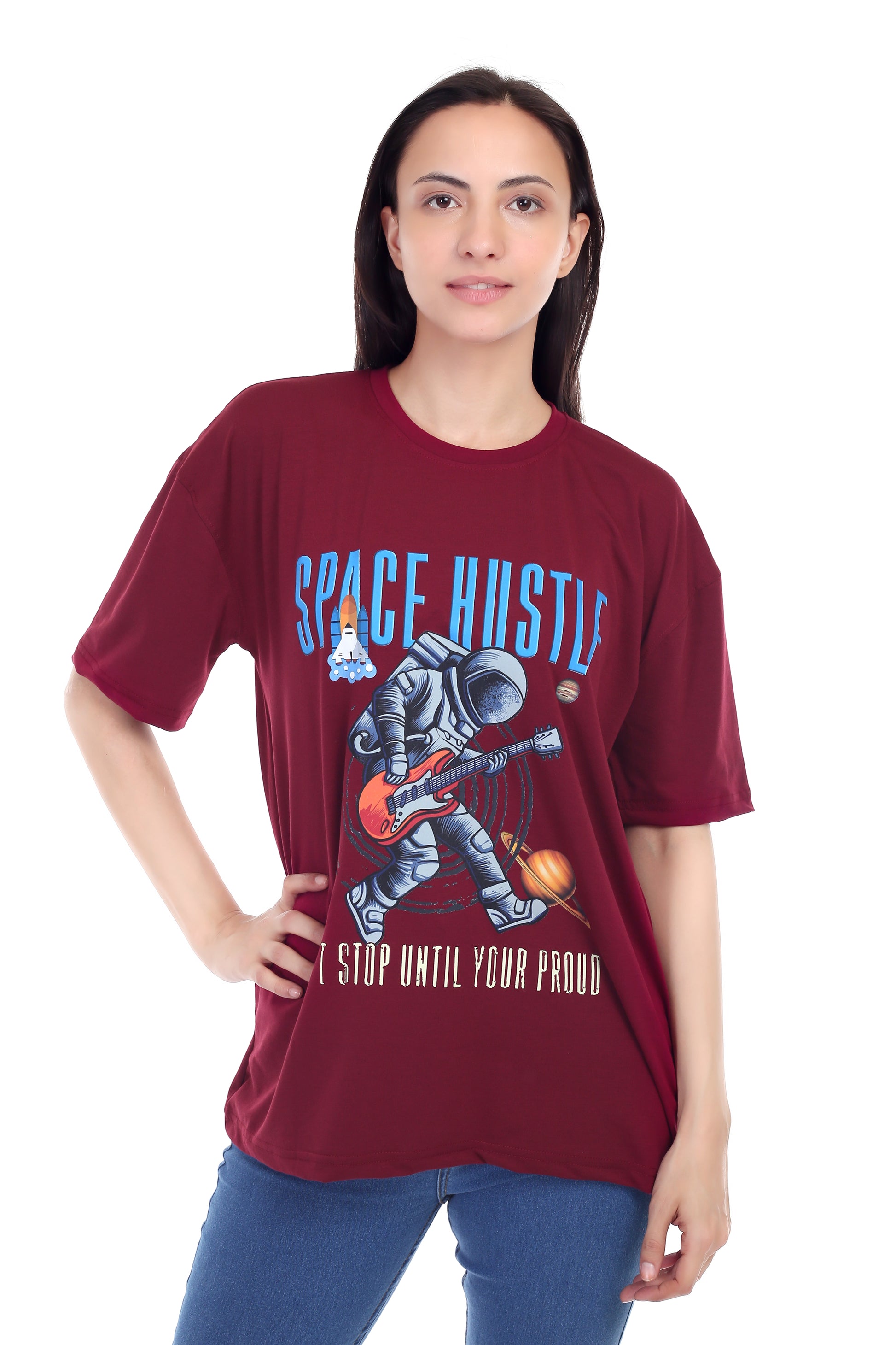 Women's Space Hustle Astronaut Printed Round Neck Half Sleeve Cotton Blend Over Sized T-Shirt