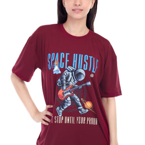 Women's Space Hustle Astronaut Printed Round Neck Half Sleeve Cotton Blend Over Sized T-Shirt