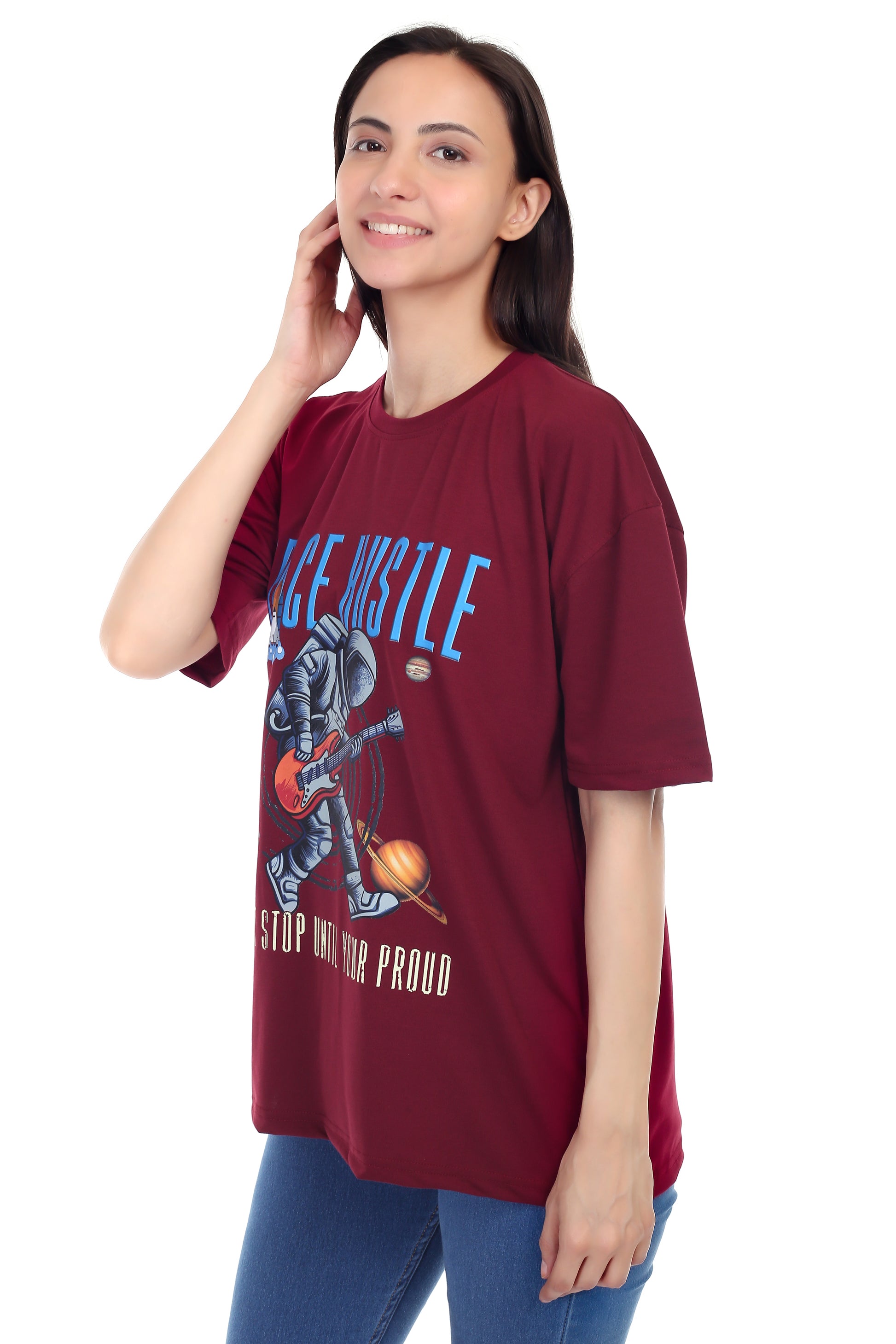 Women's Space Hustle Astronaut Printed Round Neck Half Sleeve Cotton Blend Over Sized T-Shirt