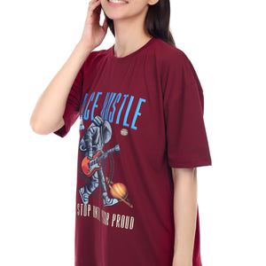 Women's Space Hustle Astronaut Printed Round Neck Half Sleeve Cotton Blend Over Sized T-Shirt