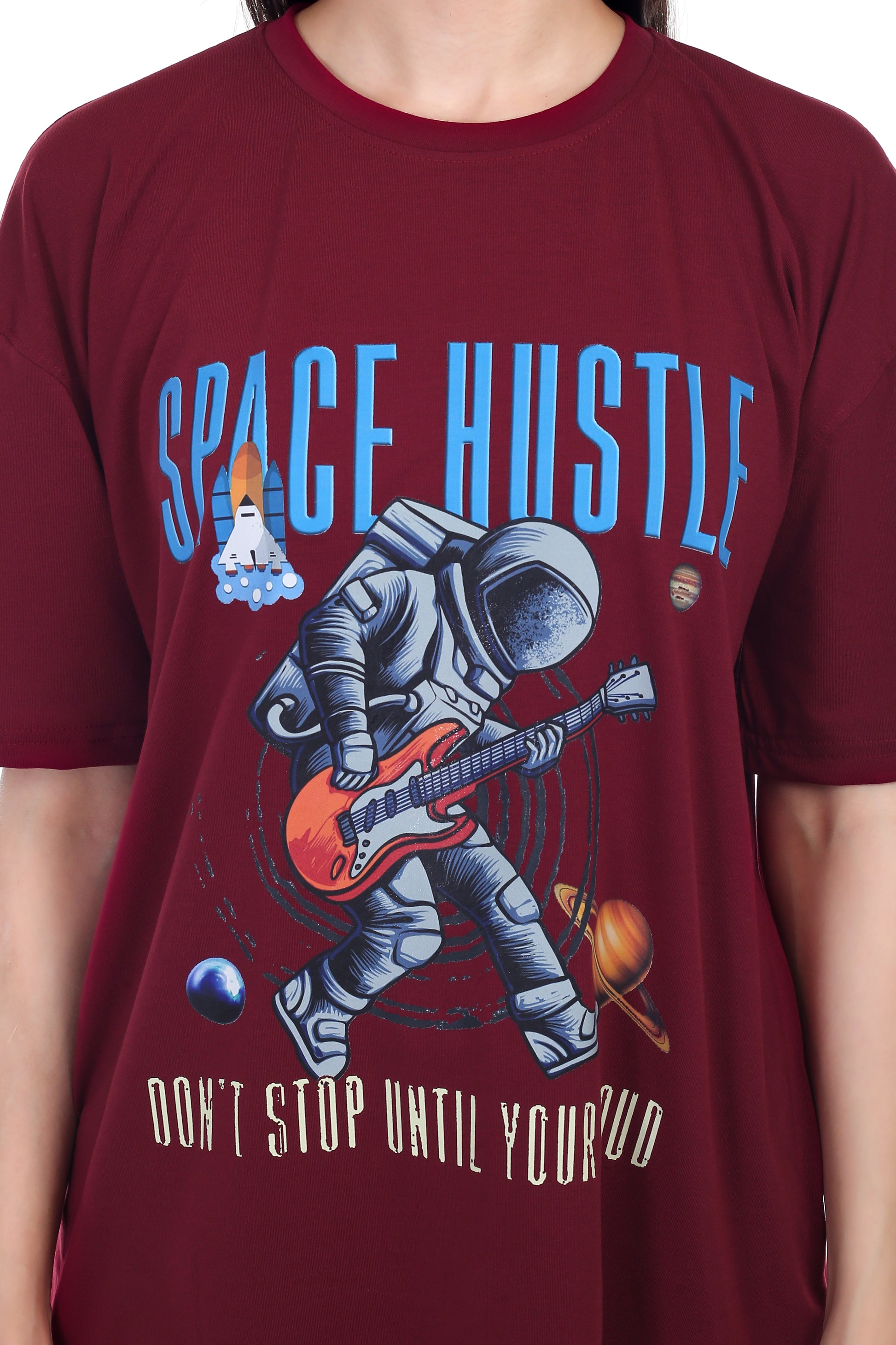 Women's Space Hustle Astronaut Printed Round Neck Half Sleeve Cotton Blend Over Sized T-Shirt