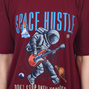 Women's Space Hustle Astronaut Printed Round Neck Half Sleeve Cotton Blend Over Sized T-Shirt