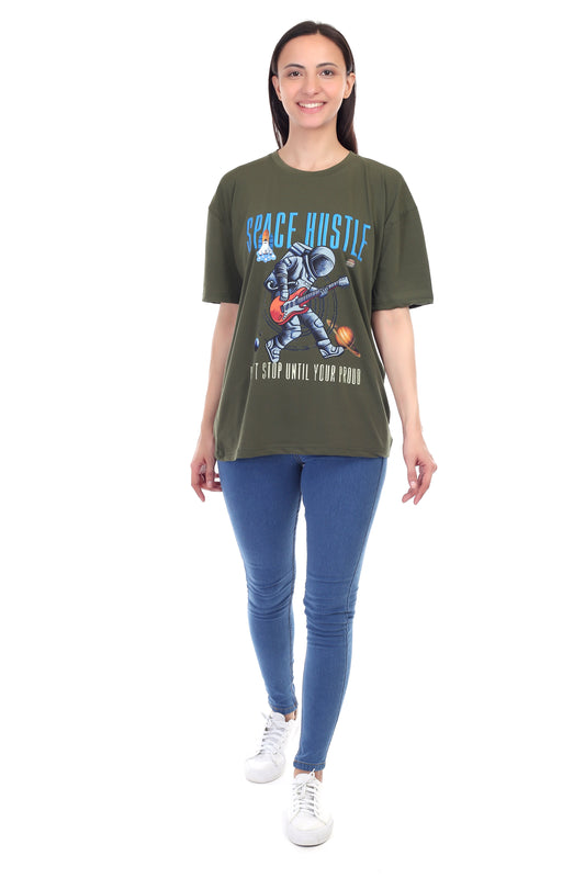 Women's Space Hustle Astronaut Printed Round Neck Half Sleeve Cotton Blend Over Sized T-Shirt