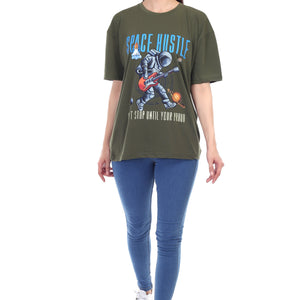 Women's Space Hustle Astronaut Printed Round Neck Half Sleeve Cotton Blend Over Sized T-Shirt