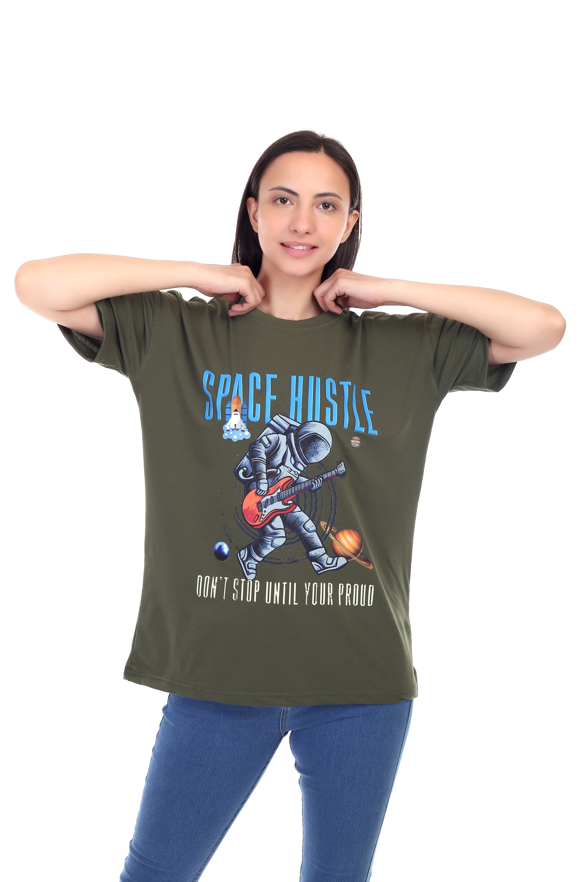 Women's Space Hustle Astronaut Printed Round Neck Half Sleeve Cotton Blend Over Sized T-Shirt