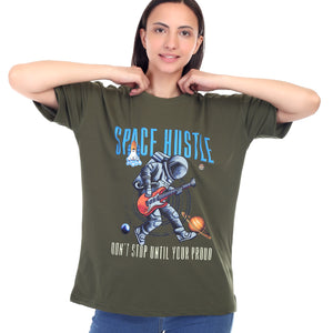 Women's Space Hustle Astronaut Printed Round Neck Half Sleeve Cotton Blend Over Sized T-Shirt